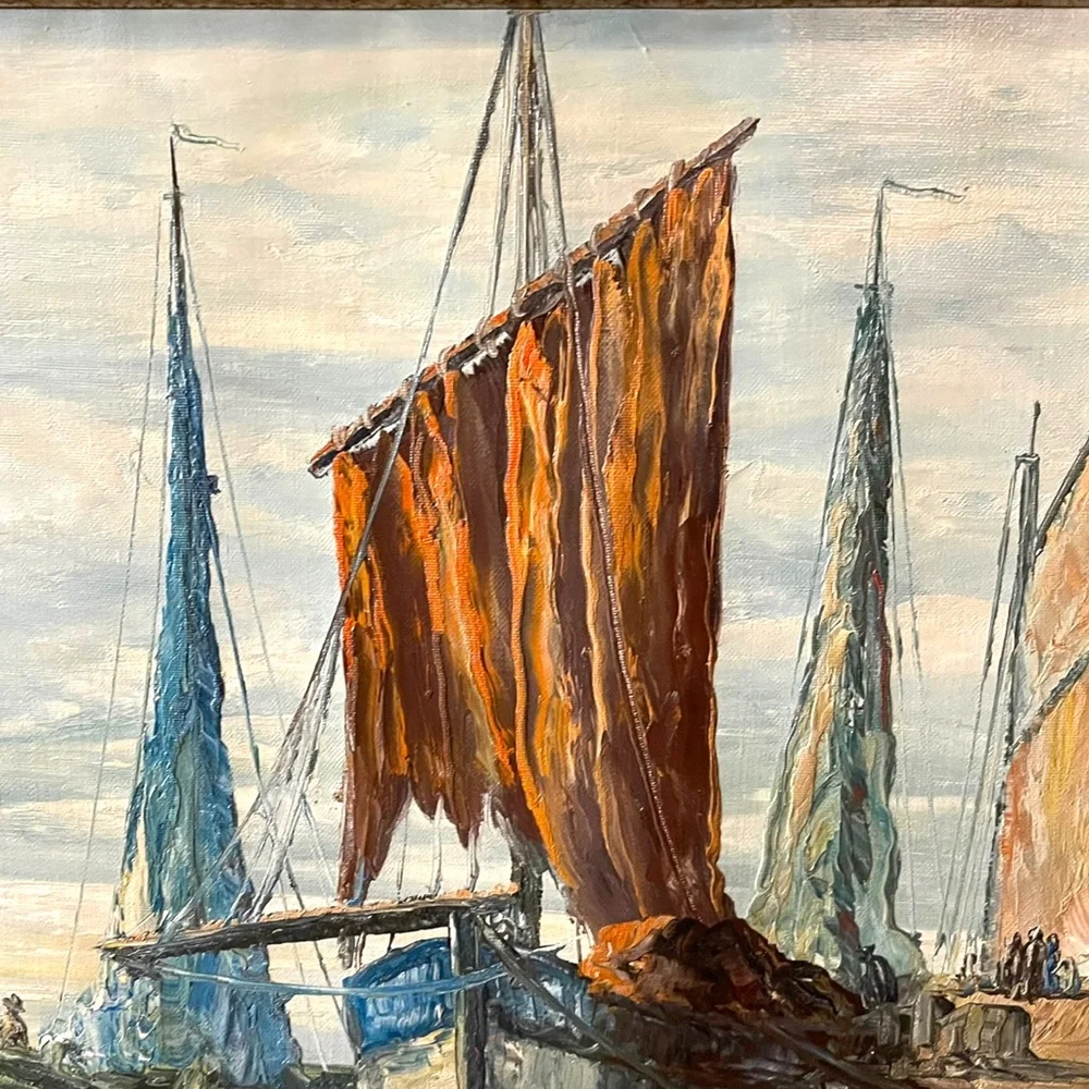 Vintage Nautical Oil Painting on Canvas Signed ROBERTO Sail boats Mid Century - Picture 3 of 12